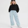 Betusline Girl's High Waist Wide Leg Cargo Pants Y2K Parachute Pants with Pockets and Drawstring, Light Blue, 11-12 Years = Tag 160 view 3