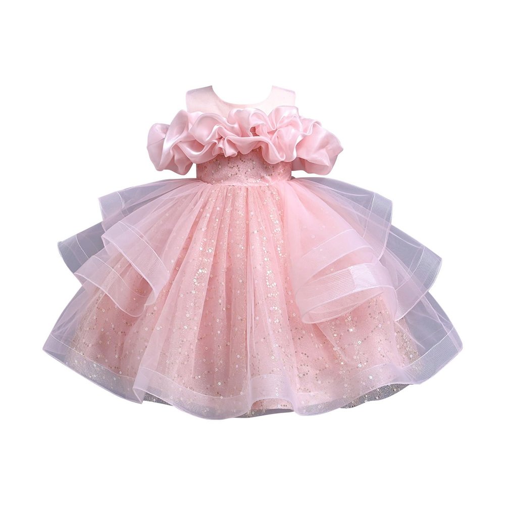 Girls' Embroidered Lace Wedding Baptism Dress Long Sleeve Formal Party Wear for Toddler Baby Girl (Pink, 5-6 Years)
