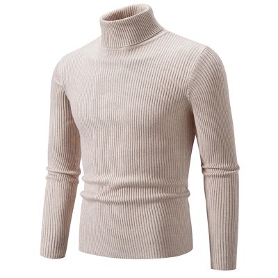 Mens Knitted Turtleneck Slim Fit Sweater Long Sleeve Turtle Neck Ribbed Pullover Sweaters Casual Basic Stretch Tops Beige