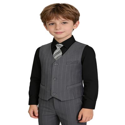 Lycody Kids Suits for Boys Formal Tuxedo Gery Stripe Dress Suit Vest and Pants Set with Black Shirt Toddler Boy Suit for Weddings Prom Outfit 4T