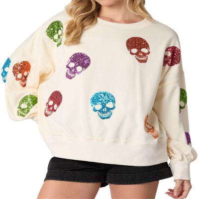 TACSTRUN Women's Halloween Sequin Sweatshirts Skeleton Spooky Ghost Graphic Long Sleeve Crewneck Pullover Sweater Tops,White,XX-Large