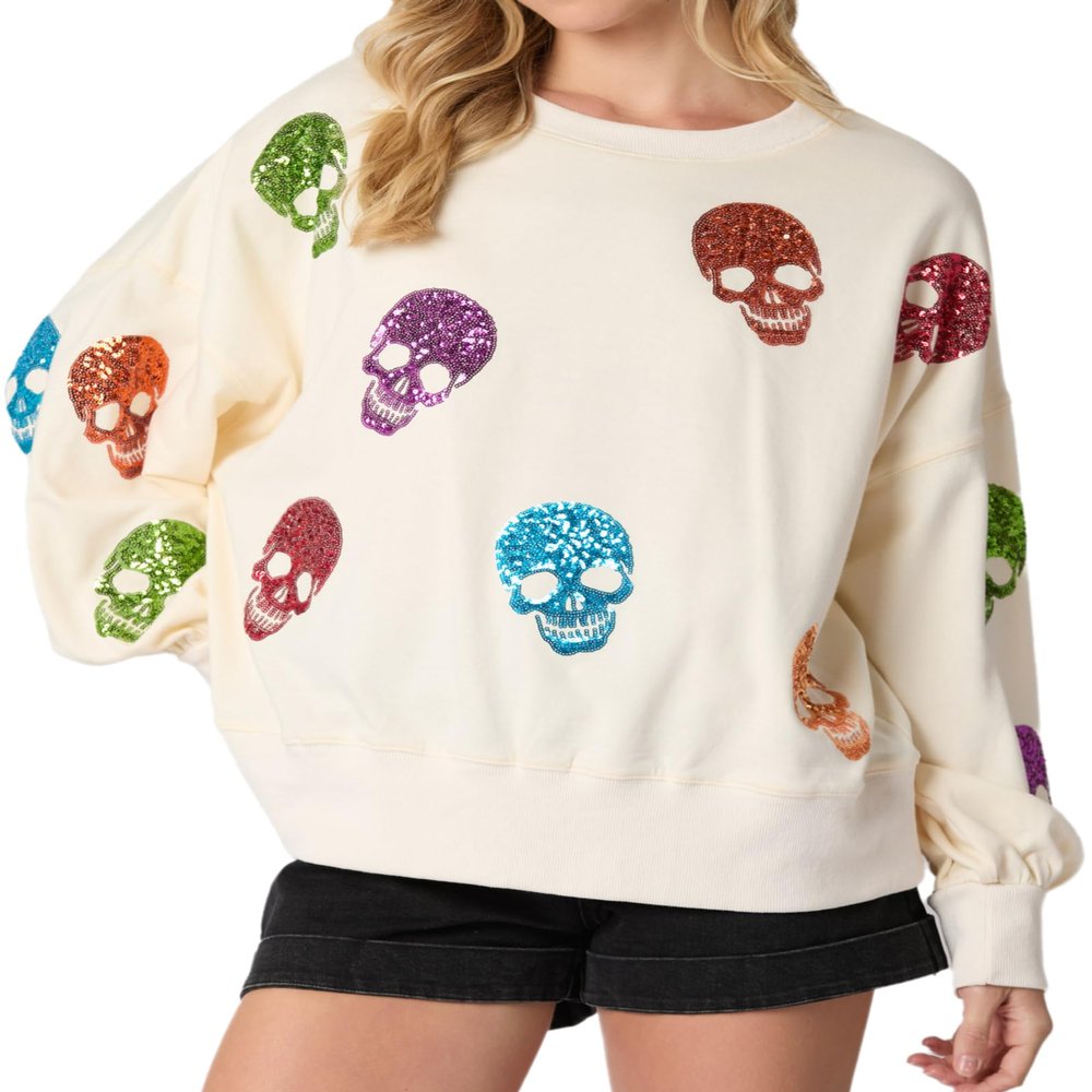 TACSTRUN Women's Halloween Sequin Sweatshirts Skeleton Spooky Ghost Graphic Long Sleeve Crewneck Pullover Sweater Tops,White,XX-Large