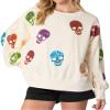 TACSTRUN Women's Halloween Sequin Sweatshirts Skeleton Spooky Ghost Graphic Long Sleeve Crewneck Pullover Sweater Tops,White,XX-Large view 1