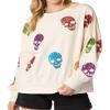 TACSTRUN Women's Halloween Sequin Sweatshirts Skeleton Spooky Ghost Graphic Long Sleeve Crewneck Pullover Sweater Tops,White,XX-Large view 2