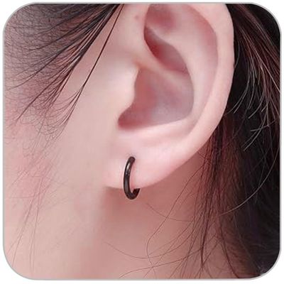 1 Pair 8mm Black Earrings for Men Women, 316L Surgical Stainless Steel Small Hoop Earrings Hypoallergenic Non Tarnish Cartilage Hoop Earrings for Multiple Piercing Huggie Hoop Earrings (Black/1.6mm)