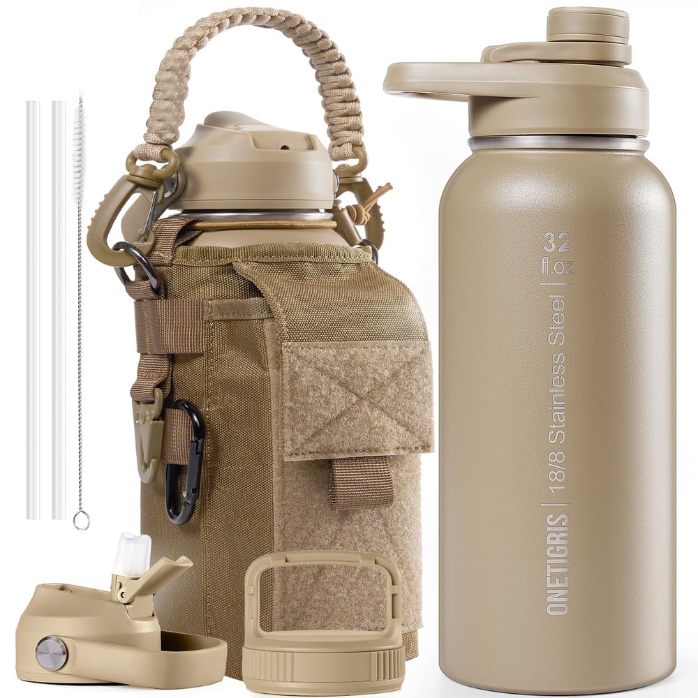 ONETIGRIS 32 oz Insulated Water Bottle with Straw - Tactical Stainless Steel Water Jug, Leakproof Thermos Wide Mouth Sport bottle with 3 Lids and Sleeve for Travel, Gym, Camping, Hiking