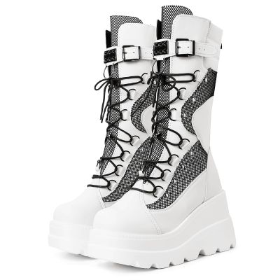 SACFOF Womens Goth Platform Boots Chunky Wedge Heel Rave Combat Boots Lace Up and Zipper Round Toe Mid Calf Motorcycle Booties