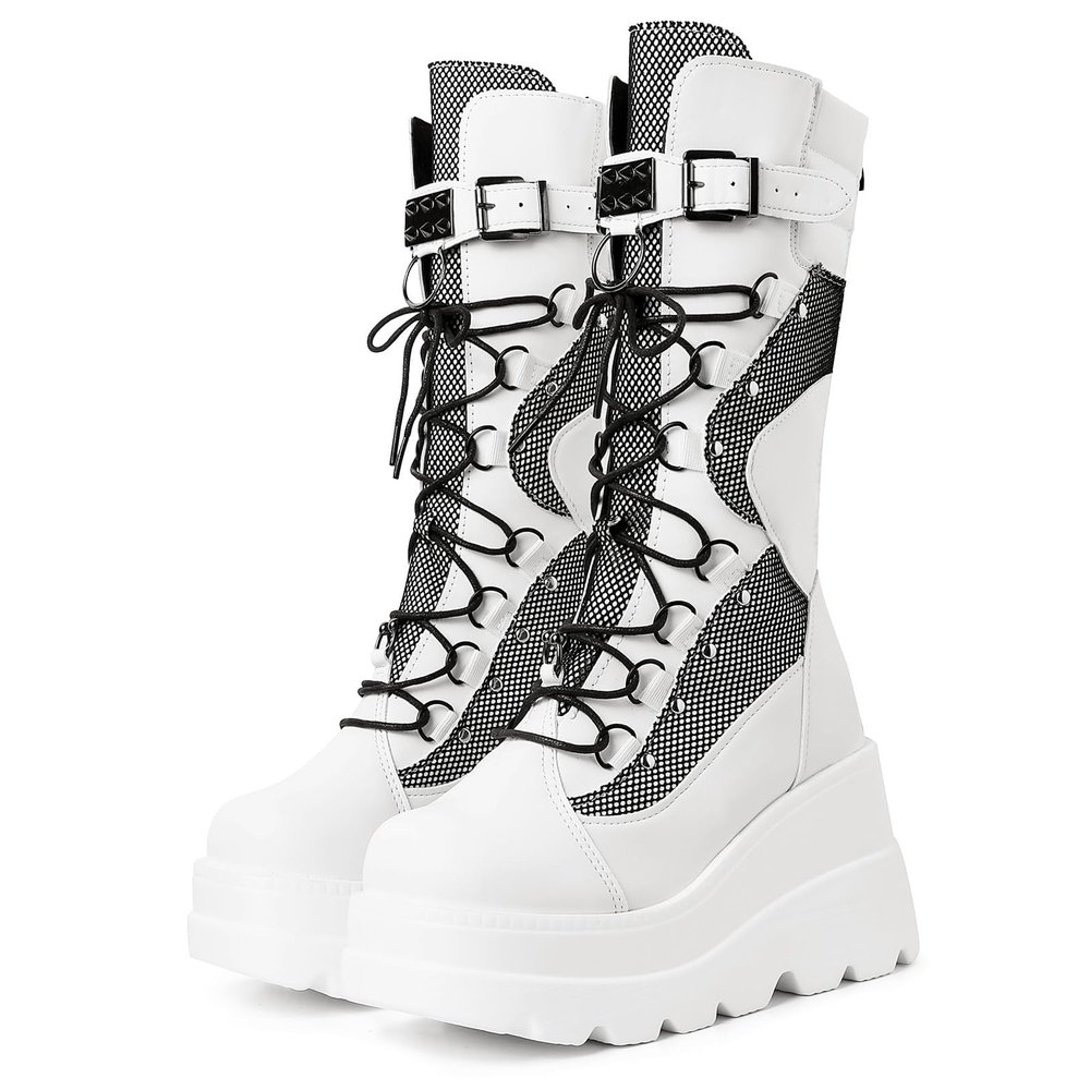 SACFOF Womens Goth Platform Boots Chunky Wedge Heel Rave Combat Boots Lace Up and Zipper Round Toe Mid Calf Motorcycle Booties