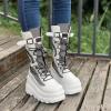 SACFOF Womens Goth Platform Boots Chunky Wedge Heel Rave Combat Boots Lace Up and Zipper Round Toe Mid Calf Motorcycle Booties view 3