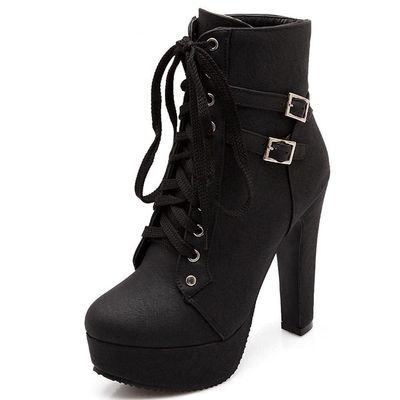 Women Boots Fashion High Heel Lace Up Ankle Boots Round Toe Buckle Knight Platform Combat Boots Goth Mid Calf Boots