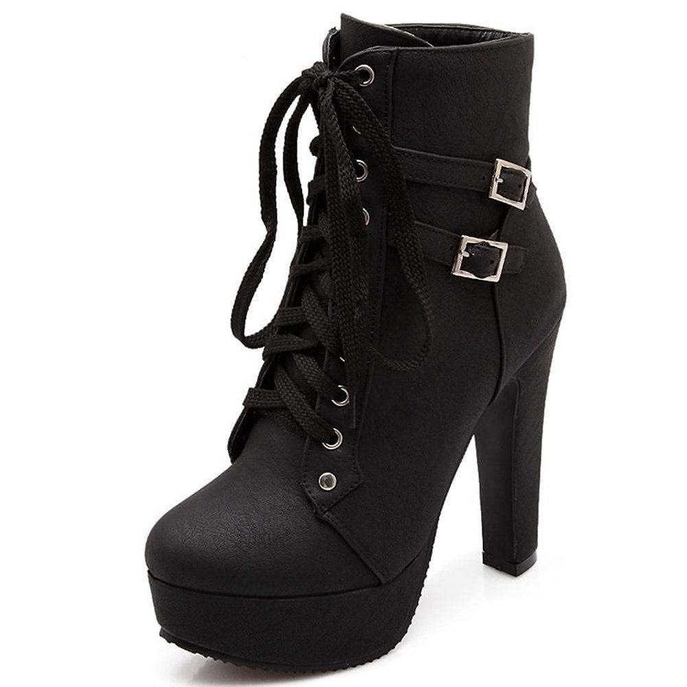 Women Boots Fashion High Heel Lace Up Ankle Boots Round Toe Buckle Knight Platform Combat Boots Goth Mid Calf Boots
