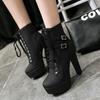 Women Boots Fashion High Heel Lace Up Ankle Boots Round Toe Buckle Knight Platform Combat Boots Goth Mid Calf Boots view 2