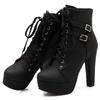Women Boots Fashion High Heel Lace Up Ankle Boots Round Toe Buckle Knight Platform Combat Boots Goth Mid Calf Boots view 3