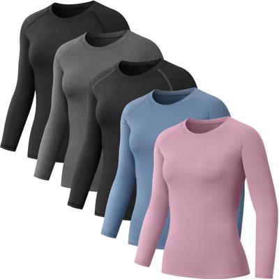 NebuKinex 5 Pack Women's Compression Shirt Long Sleeve Workout Tops Athletic Baselayer Quick Dry Gym Yoga Running T-Shirt 2Black/Grey/Blue/Purple M