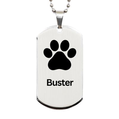 DARIN GIFT Buster Paw Print Name Silver Dog Tag - Loss of Pet Remembrance ID Plate Dog Cat Pet Paw Pet Lover Memorial Gifts for Men Women, Engraved Chain Necklace