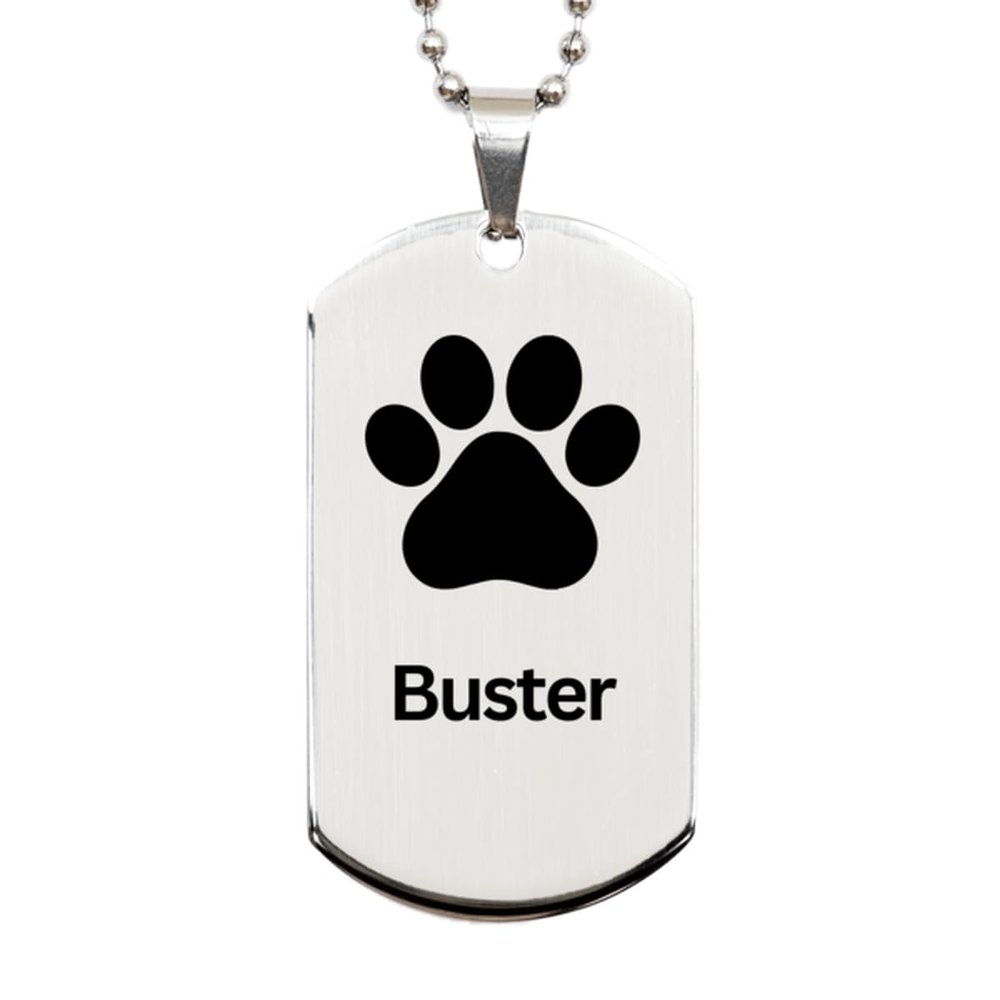 DARIN GIFT Buster Paw Print Name Silver Dog Tag - Loss of Pet Remembrance ID Plate Dog Cat Pet Paw Pet Lover Memorial Gifts for Men Women, Engraved Chain Necklace