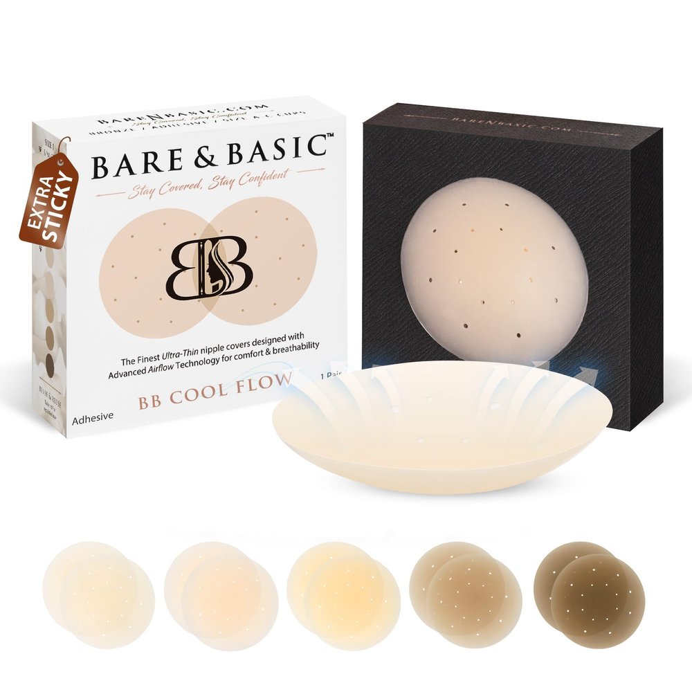 BARE & BASIC Cool Flow Reusable Nipple Covers for Women, Silicone Pasties Nipple Covers, Adhesive Nip Covers, Waterproof Nipple Stickers, Seamless Silicone Breast Pads with Travel Bag, Ivory, Cup A-C