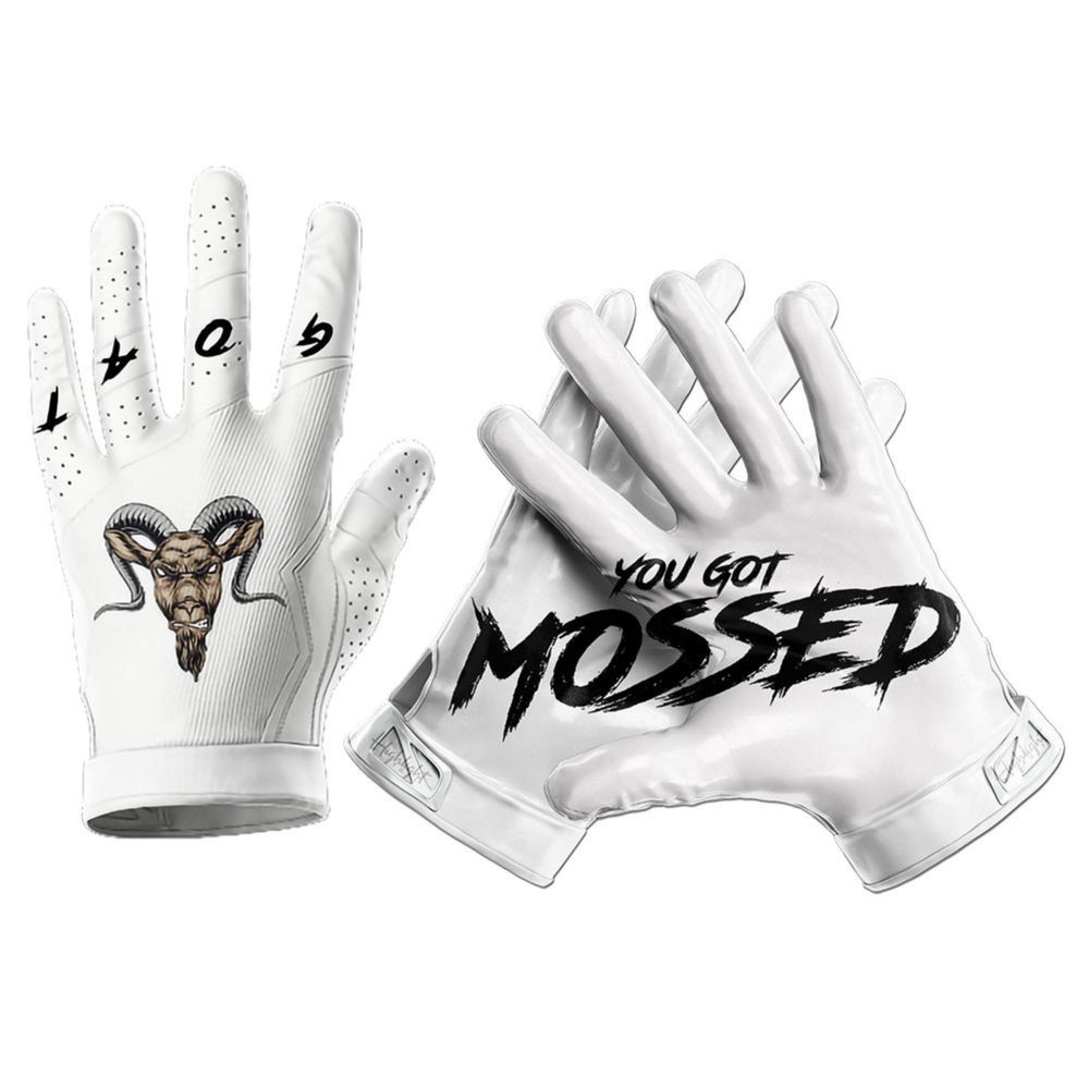 HIGHLIGHT FACTORY ATL G.O.A.T. You Got Mossed - Ultra Grip Football Gloves - Superior Grip, Breathable Design, for All Weather Conditions (White, Adult Medium)