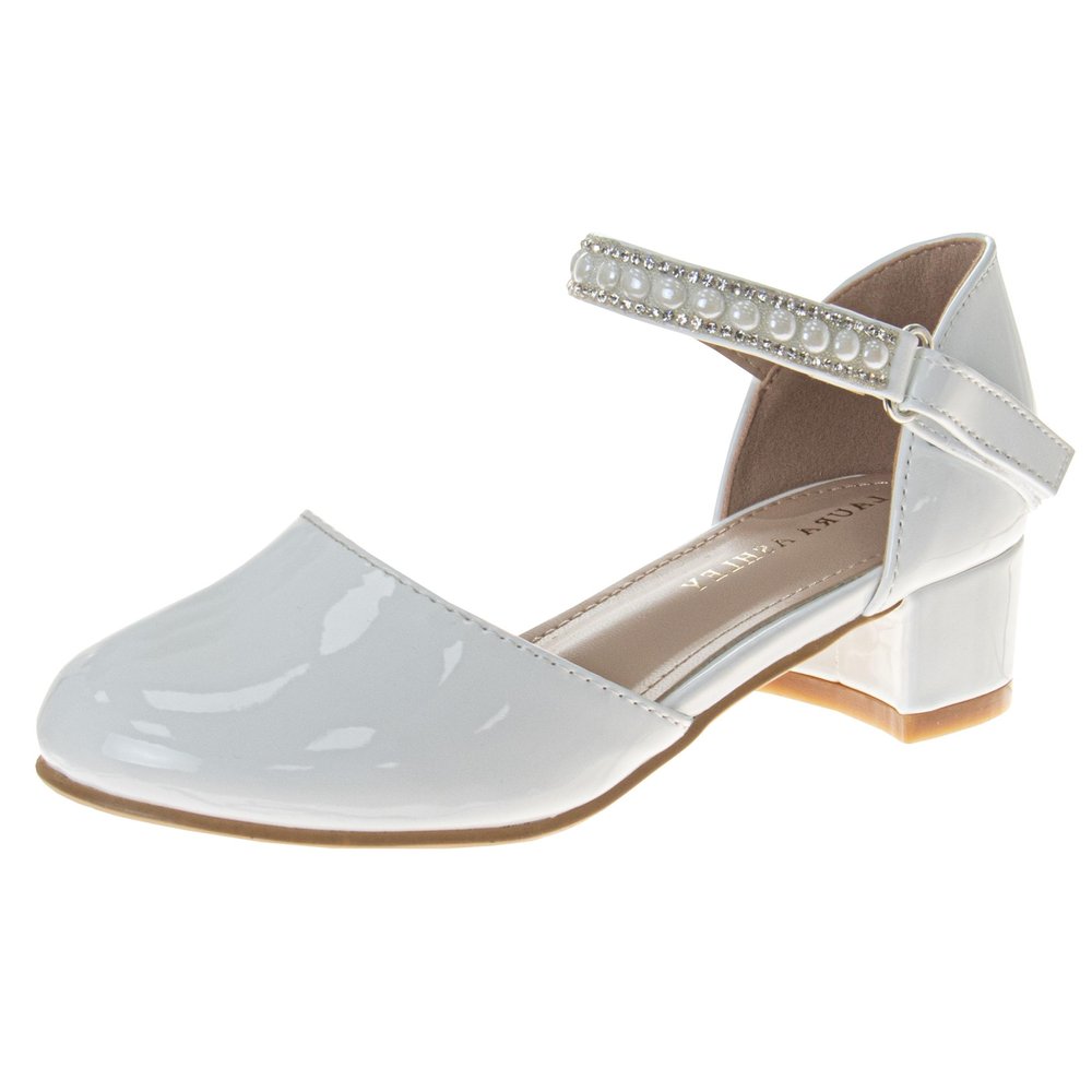 Josmo Girls Buckle Slip on Sandal Heeled, White Patent, 1 Big Kid