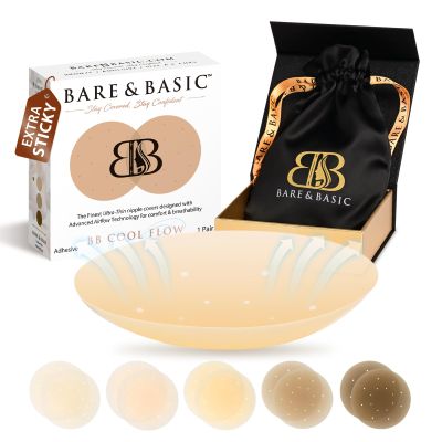 BARE & BASIC Cool Flow Reusable Nipple Covers for Women, Silicone Pasties Nipple Covers, Adhesive Nip Covers, Waterproof Nipple Stickers, Seamless Silicone Breast Pads with Travel Bag, Bronze, Cup A-C