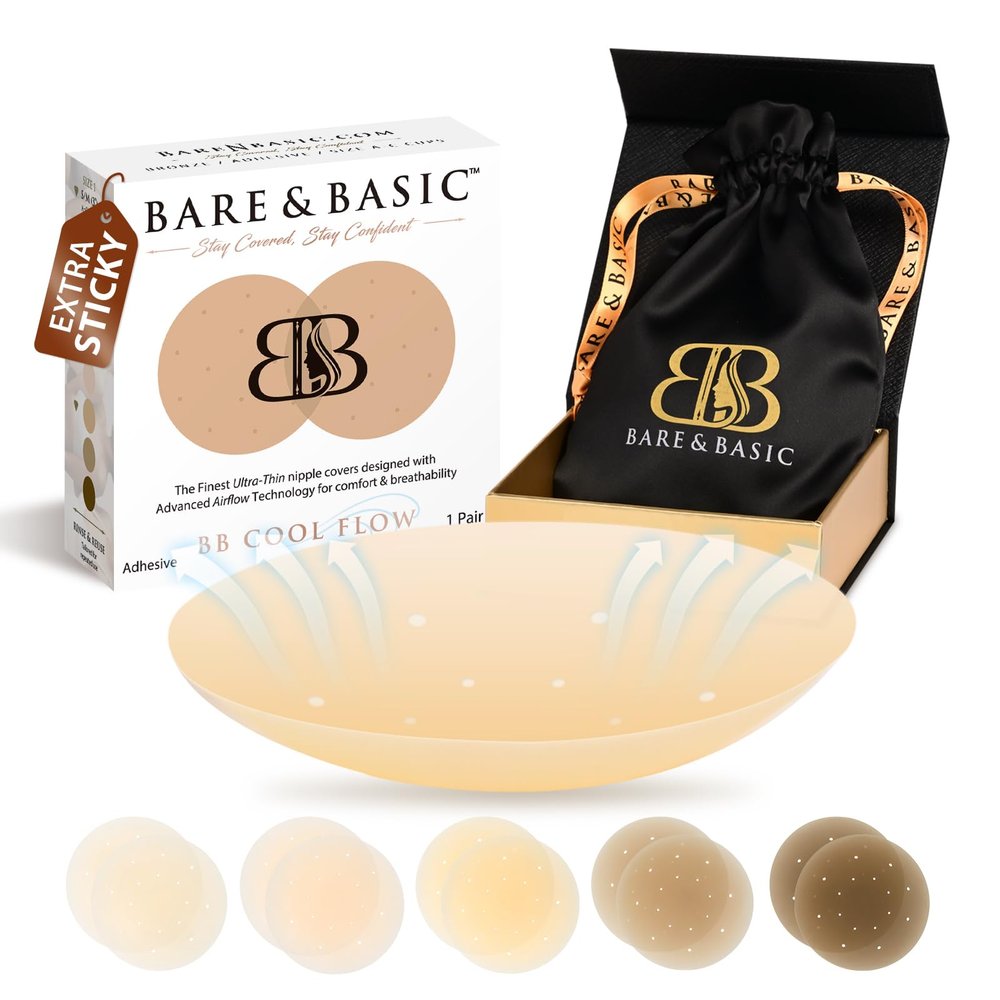 BARE & BASIC Cool Flow Reusable Nipple Covers for Women, Silicone Pasties Nipple Covers, Adhesive Nip Covers, Waterproof Nipple Stickers, Seamless Silicone Breast Pads with Travel Bag, Bronze, Cup A-C