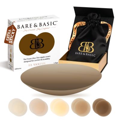 BARE & BASIC Reusable Nipple Covers for Women  Silicone Pasties Nipple Covers, Adhesive Nip Covers, Waterproof Nipple Stickers, Seamless Silicone Breast Pads with Travel Bag, Ebony, Cup A-C
