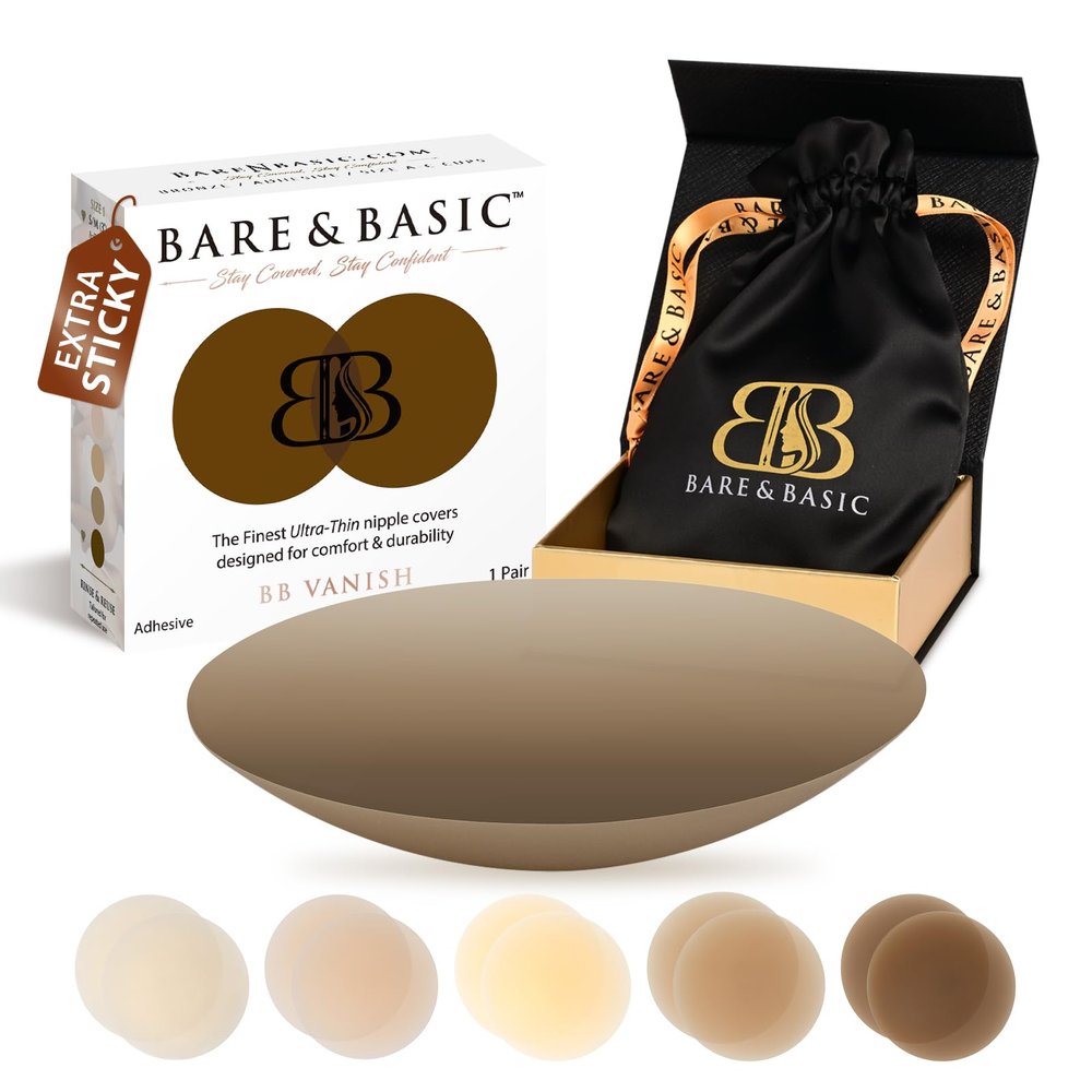 BARE & BASIC Reusable Nipple Covers for Women Silicone Pasties Nipple Covers, Adhesive Nip Covers, Waterproof Nipple Stickers, Seamless Silicone Breast Pads with Travel Bag, Ebony, Cup A-C