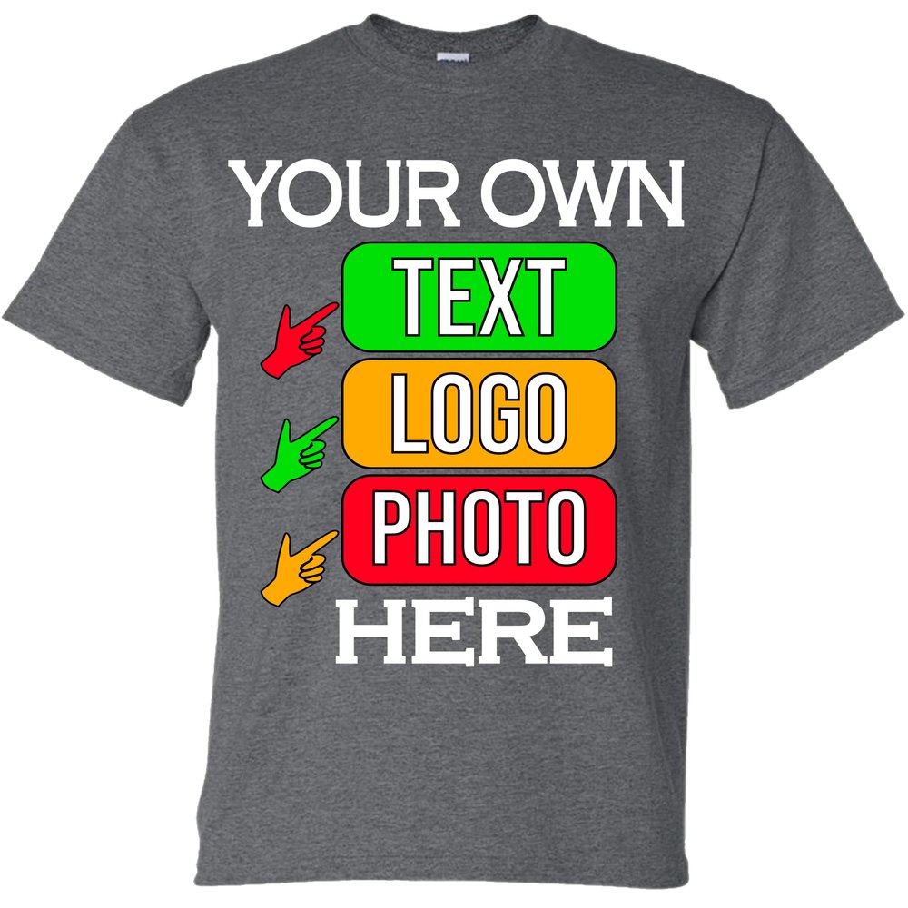 Custom T-Shirts for Men and Women Design Your Own Personalized Shirt with Text Image Logo Customizable Front and Back Print Soft Cotton Tee Heather Dark Gray