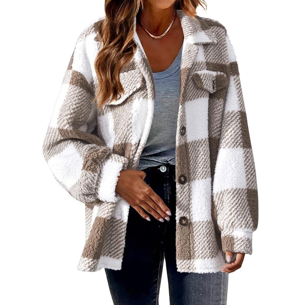 2024,Cyber Mon 2024,Women'S Flannel Plaid Shacket Long Sleeve Button Down Shirts Jacket Coats Fall Clothes For Women 2024,B-Khaki,5X-Large