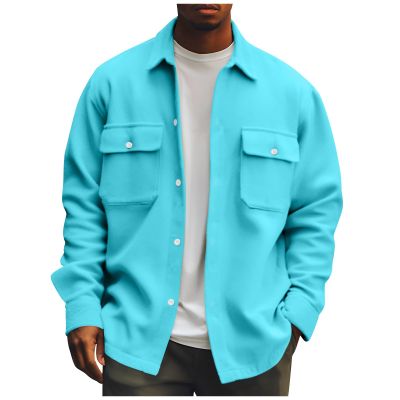 Casual Button Up Corduroy Jackets Long Sleeve Fashion Stylish Lightweight Shirt Jacket (3XL, Cyan)