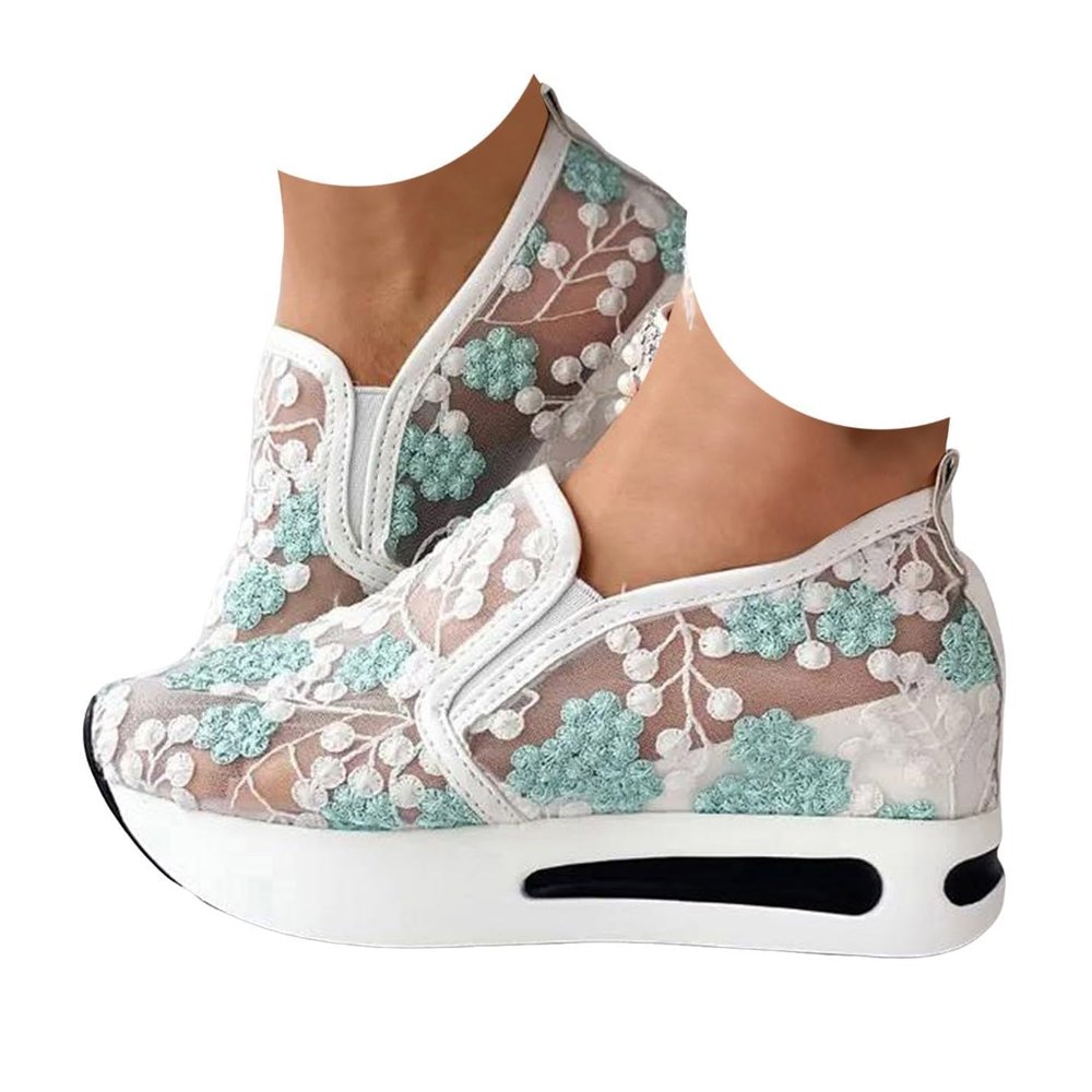 Fashion Sneakers for Women 2024 Floral Embroidery Breathable Sheer Mesh Sneakers,Fashion Platform Shoes Hidden Wedge Heel High Top Sparkly Sneakers Dressy,Comfort Work Shoes