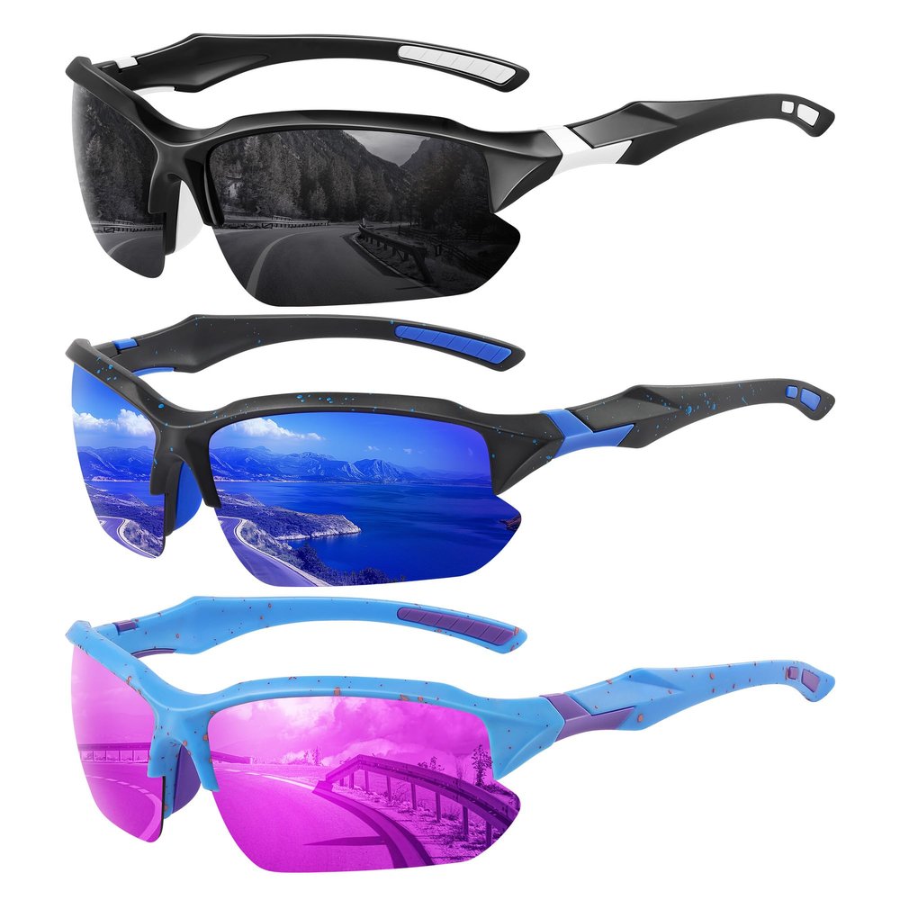 XVXV 3 Pack Polarized Sports Sunglasses for Men, UV Protection Half Frame Sunglasses Comfortable for Running Cycling Driving