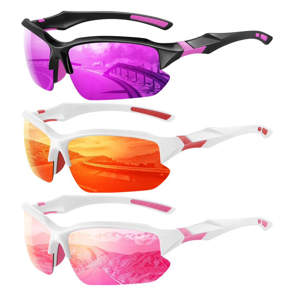 XVXV 3 Pack Polarized Sports Sunglasses for Men, UV Protection Half Frame Sunglasses Comfortable for Running Cycling Driving