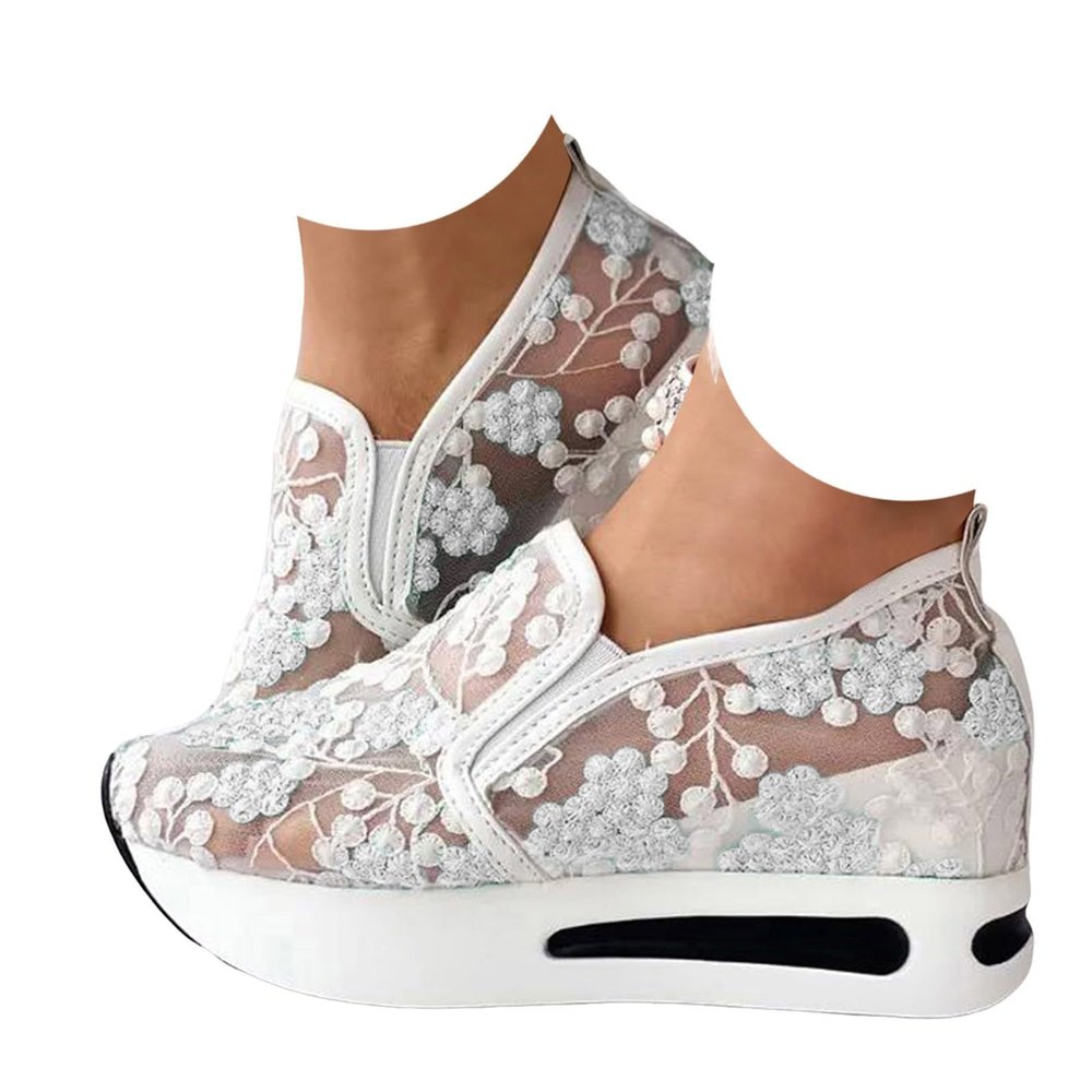 Fashion Sneakers for Women 2024 Floral Embroidery Breathable Sheer Mesh Sneakers,Fashion Platform Shoes Hidden Wedge Heel High Top Sparkly Sneakers Dressy,Comfort Work Shoes
