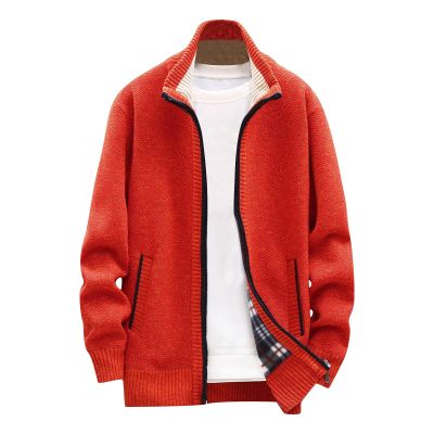 Casual Men's Knitted Long Sleeve Cardigan Sweater - Full Zip Fleece Winter Warm Coat - Work Dress Jacket (4XL, Orange)