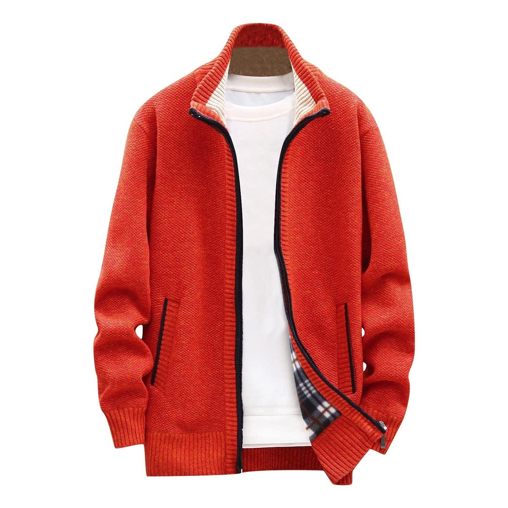 Casual Men's Knitted Long Sleeve Cardigan Sweater - Full Zip Fleece Winter Warm Coat - Work Dress Jacket (4XL, Orange)
