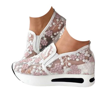 Fashion Sneakers for Women 2024 Floral Embroidery Breathable Sheer Mesh Sneakers,Fashion Platform Shoes Hidden Wedge Heel High Top Sparkly Sneakers Dressy,Comfort Work Shoes