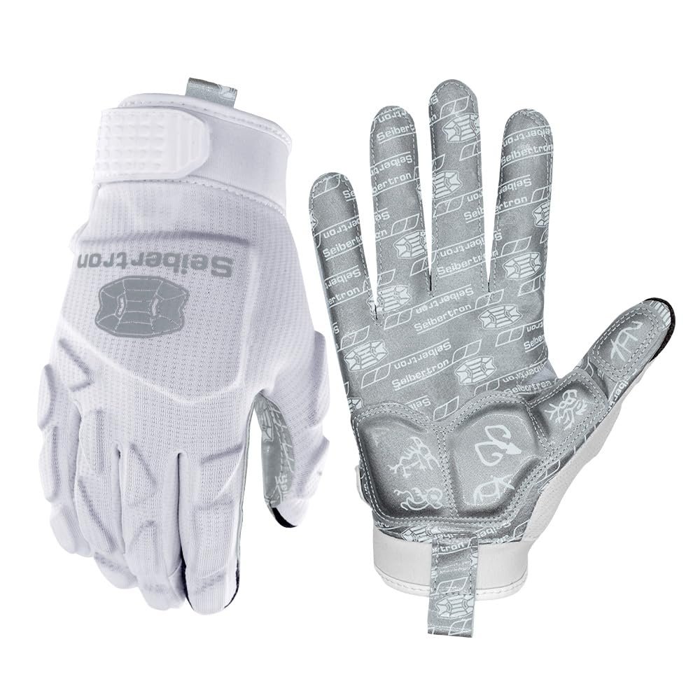 Seibertron H.P.I.L.G Touchscreen Lineman and Football Receiver Gloves, Flexible Breathable Impact Protection Back of Hand Glove Adult White S