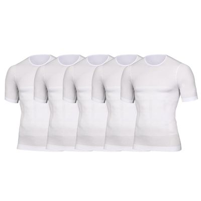 Compression Shirts for Men Slimming Short Sleeve Tops Body Shaper Tees Control Shapewear Tank Top Vest 5 Pack (White -5PC,XL)