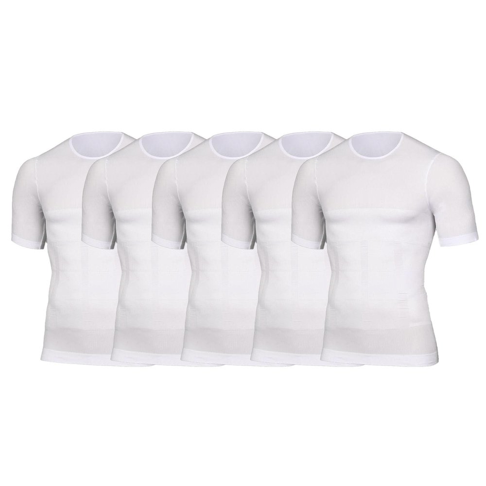 Compression Shirts for Men Slimming Short Sleeve Tops Body Shaper Tees Control Shapewear Tank Top Vest 5 Pack (White -5PC,XL)