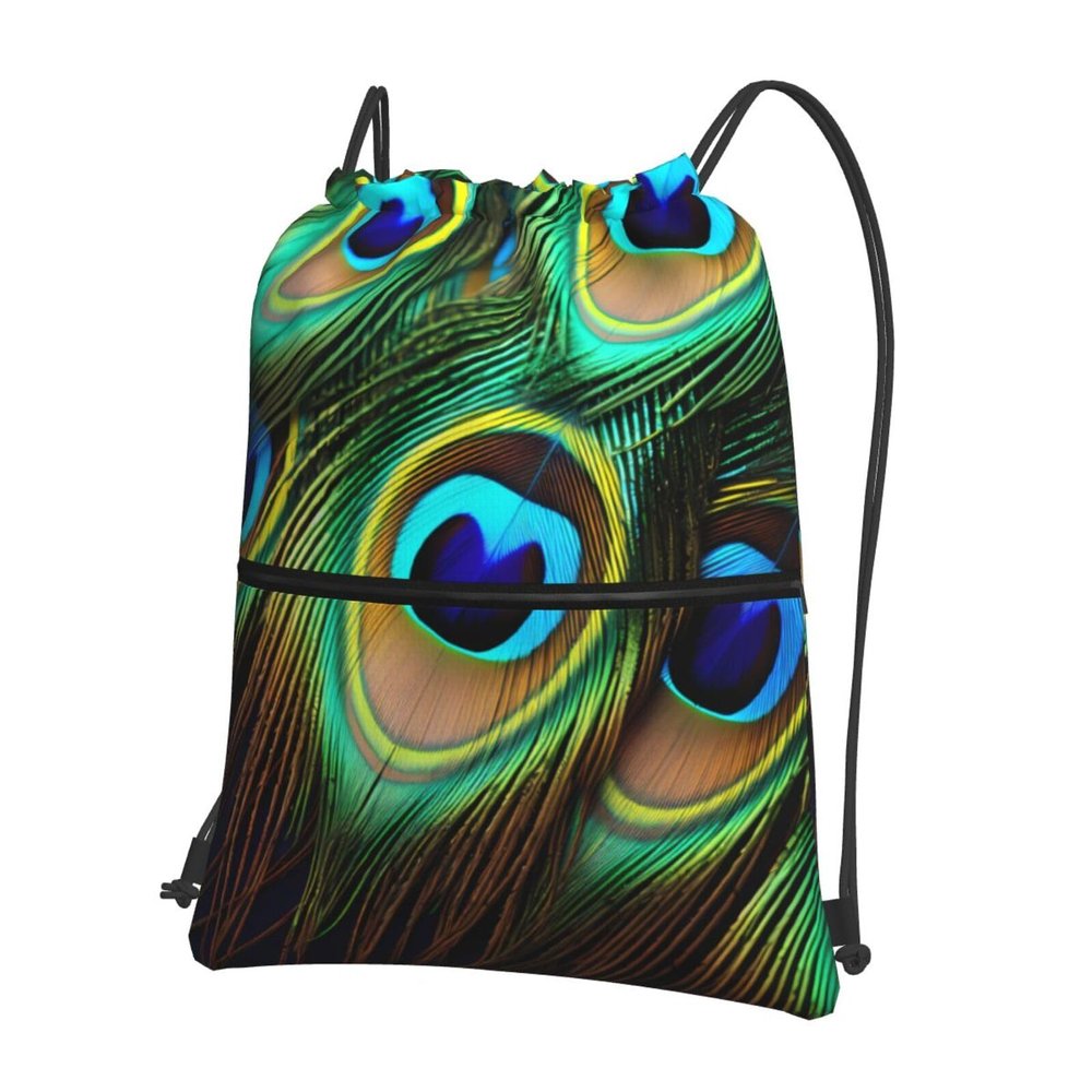 YYHWHJDE Peacock Feathers Printed Drawstring zipper Backpack Suitable for outdoor leisure hiking 15.3 X 18in (L X H)