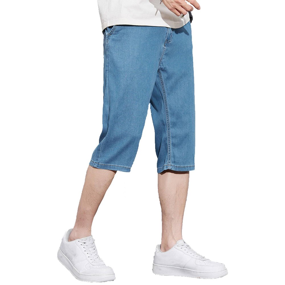 DGHM-JLMY Men Lightweight Summer Thin Section Jean Shorts Relaxed Fit Lounge Short Jeans Casual Elastic 3/4 Denim Shorts (Baby Blue,Small)