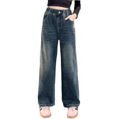 SHHYJUN Girls Small Heart Printed Baggy Wide Leg Jeans Elastic Waist Casual Washed Denim Pants Age(Wide Leg 9,10-11 Years)