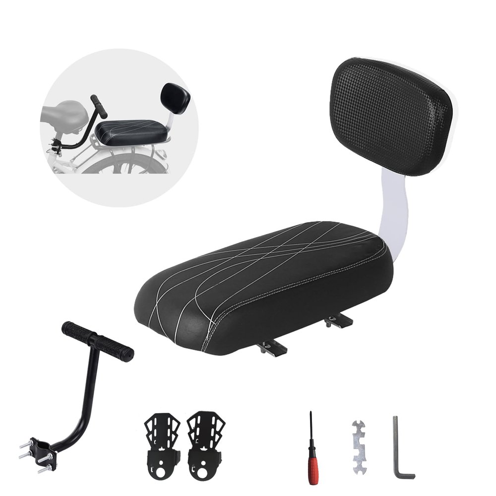 Woouagia Bicycle Rear Seat with Back,Pu Leather Soft Cushion Bicycle Passenger Seat,Rear Bike Seat Kids Including Cushion and Backrest, Armrest, Footrests (Black)