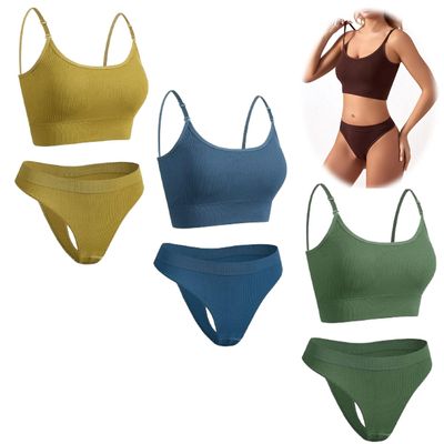 3 pcs Solid Ribbed Adjustable Strap Wireless Bra,No-Rim Push-up Camisole BraYoga Shockproof Bra Thong Set (Set-5,XXL)