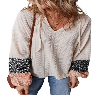 Layered Beige Floral Blouse with Textured Knit and Drawstring V Neck,Beige,(US 12-14) L