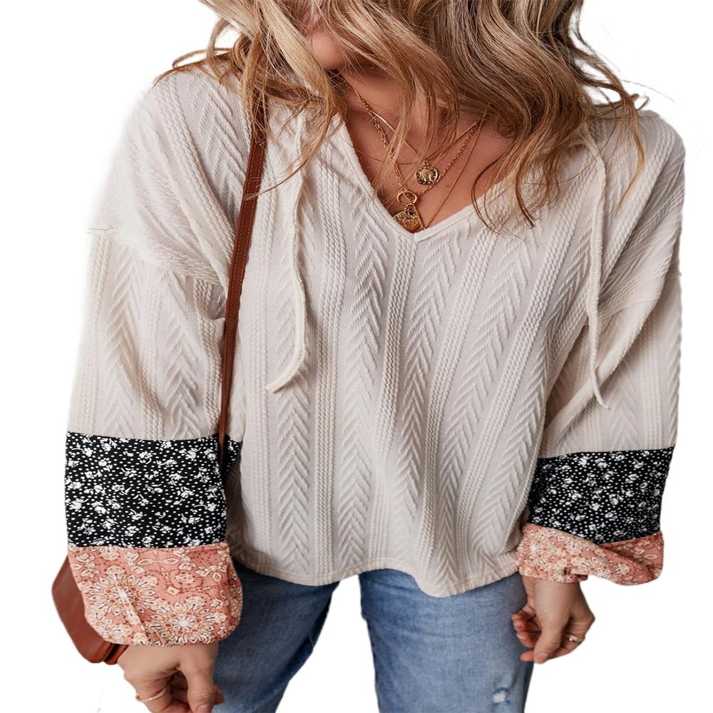Layered Beige Floral Blouse with Textured Knit and Drawstring V Neck,Beige,(US 12-14) L