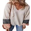Layered Beige Floral Blouse with Textured Knit and Drawstring V Neck,Beige,(US 12-14) L view 1