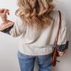 Layered Beige Floral Blouse with Textured Knit and Drawstring V Neck,Beige,(US 12-14) L view 2