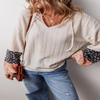 Layered Beige Floral Blouse with Textured Knit and Drawstring V Neck,Beige,(US 12-14) L view 3